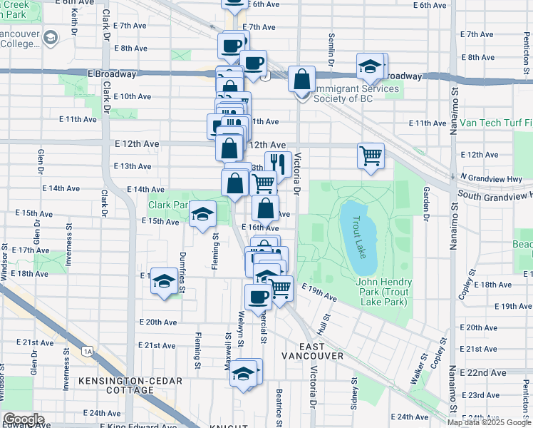 map of restaurants, bars, coffee shops, grocery stores, and more near East 15th Avenue in Vancouver