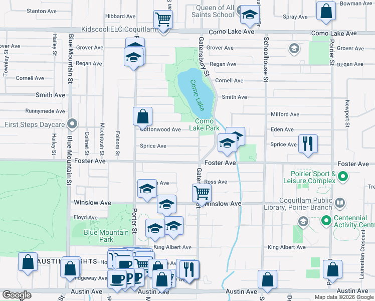 map of restaurants, bars, coffee shops, grocery stores, and more near 1150 Sprice Avenue in Coquitlam