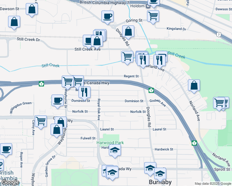 map of restaurants, bars, coffee shops, grocery stores, and more near 5366 Manor Street in Burnaby