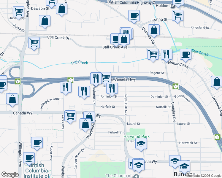 map of restaurants, bars, coffee shops, grocery stores, and more near 5056 Manor Street in Burnaby
