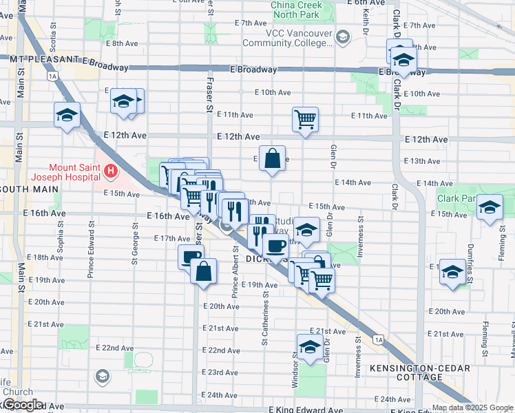 map of restaurants, bars, coffee shops, grocery stores, and more near 858 East 15th Avenue in Vancouver