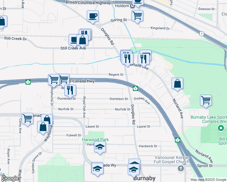 map of restaurants, bars, coffee shops, grocery stores, and more near 5452 Manor Street in Burnaby