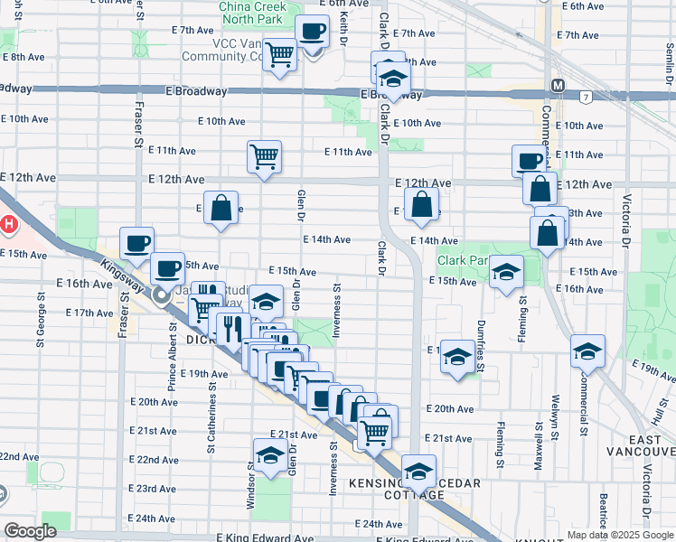 map of restaurants, bars, coffee shops, grocery stores, and more near 1175 East 15th Avenue in Vancouver