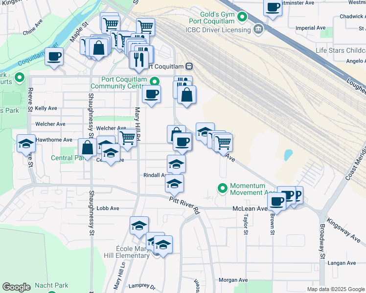 map of restaurants, bars, coffee shops, grocery stores, and more near 2280 Tyner Street in Port Coquitlam
