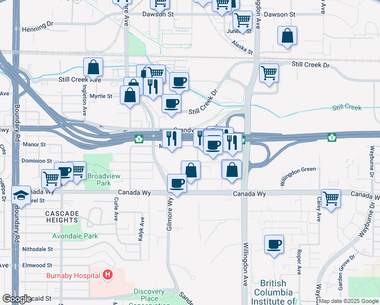 map of restaurants, bars, coffee shops, grocery stores, and more near 4288 Manor Street in Burnaby