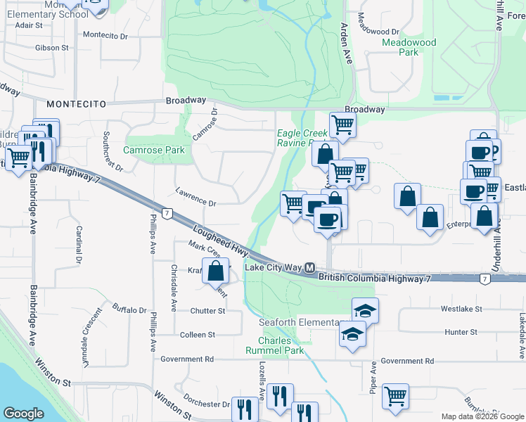 map of restaurants, bars, coffee shops, grocery stores, and more near 7599 Greenwood Street in Burnaby
