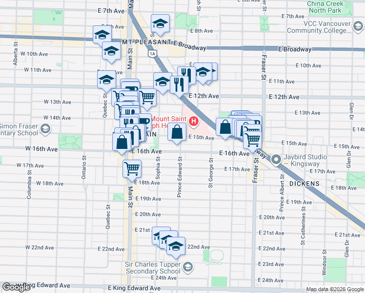 map of restaurants, bars, coffee shops, grocery stores, and more near 3174 Prince Edward Street in Vancouver