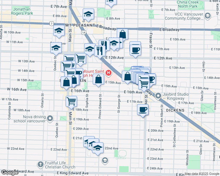 map of restaurants, bars, coffee shops, grocery stores, and more near 453 East 16th Avenue in Vancouver