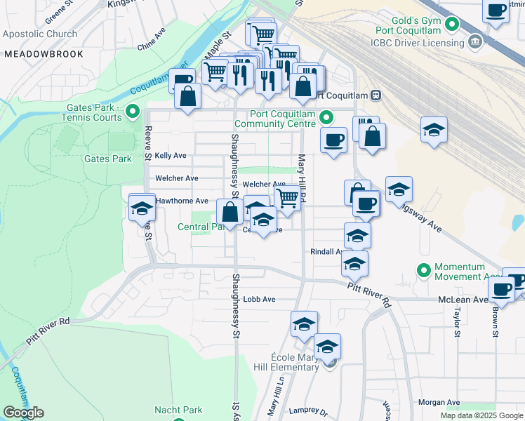 map of restaurants, bars, coffee shops, grocery stores, and more near 2250 Hawthorne Avenue in Port Coquitlam