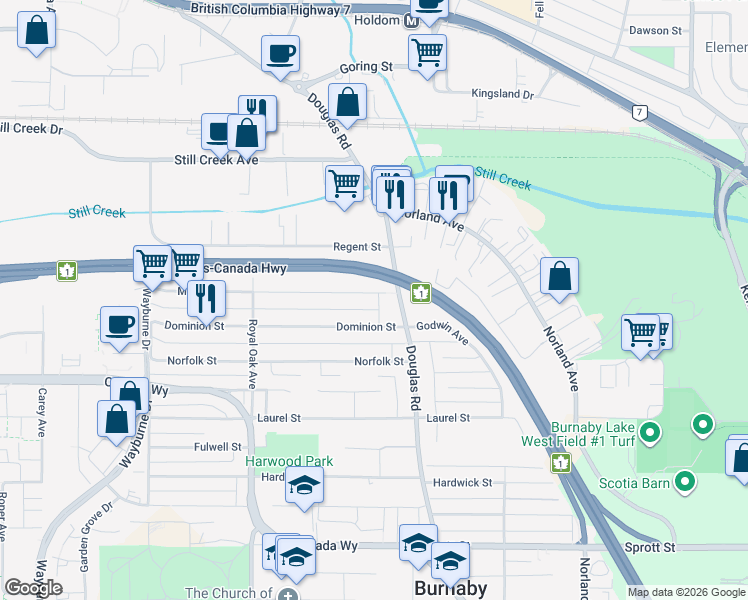 map of restaurants, bars, coffee shops, grocery stores, and more near 5490 Manor Street in Burnaby