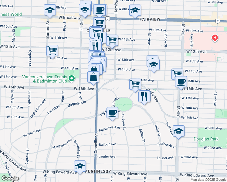 map of restaurants, bars, coffee shops, grocery stores, and more near 1443 McRae Avenue in Vancouver