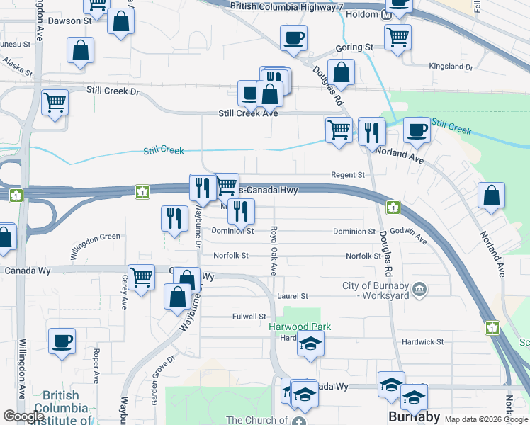 map of restaurants, bars, coffee shops, grocery stores, and more near 5172 Manor Street in Burnaby