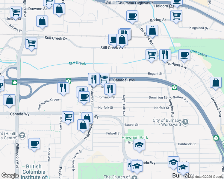 map of restaurants, bars, coffee shops, grocery stores, and more near 5086 Manor Street in Burnaby
