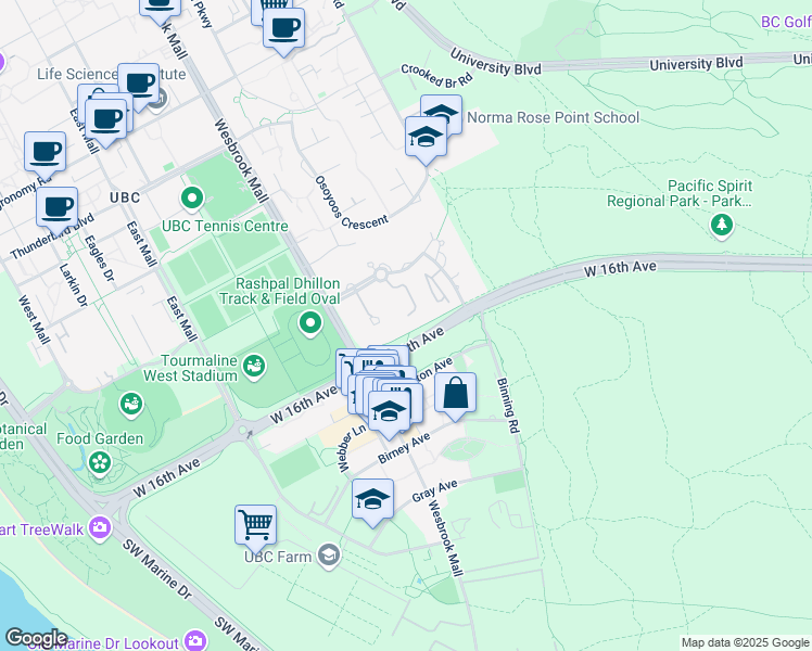 map of restaurants, bars, coffee shops, grocery stores, and more near 5760 Hampton Place in University Endowment Lands