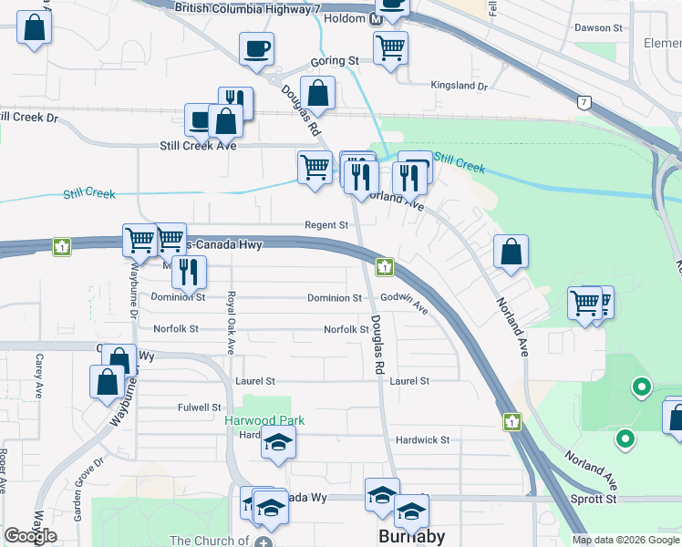 map of restaurants, bars, coffee shops, grocery stores, and more near 5486 Manor Street in Burnaby