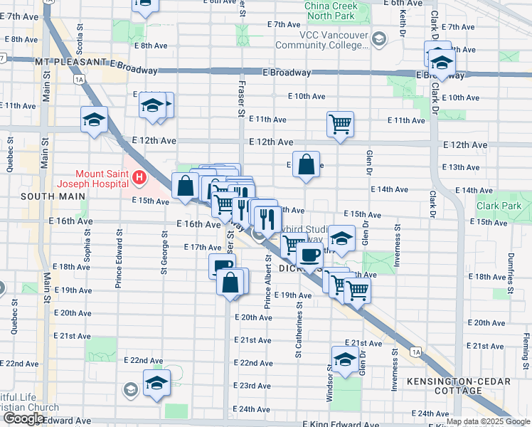 map of restaurants, bars, coffee shops, grocery stores, and more near 792 East 15th Avenue in Vancouver