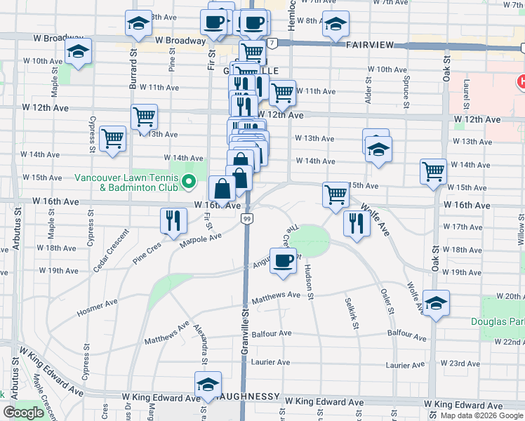 map of restaurants, bars, coffee shops, grocery stores, and more near 1488 McRae Avenue in Vancouver