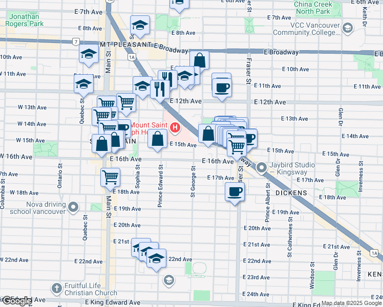 map of restaurants, bars, coffee shops, grocery stores, and more near 3165 Saint George Street in Vancouver