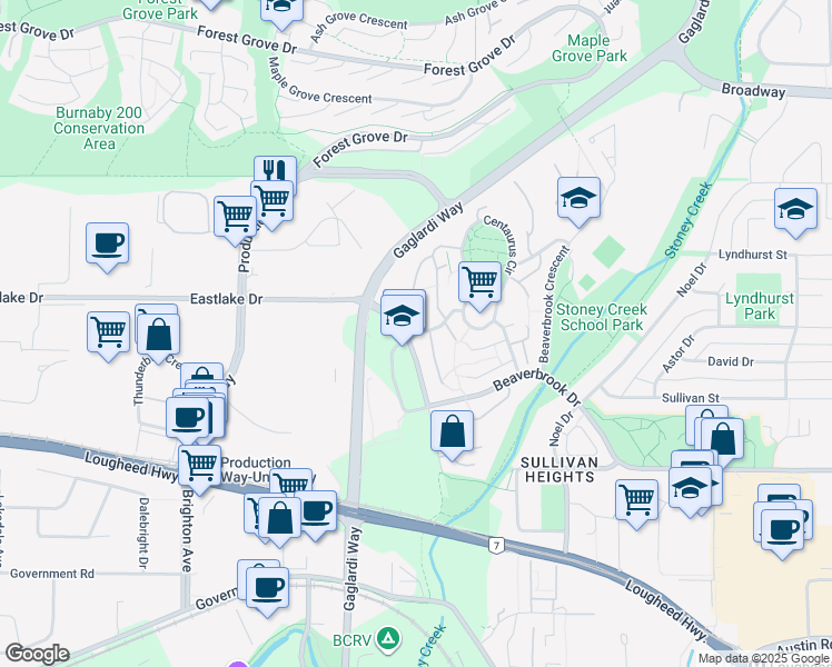map of restaurants, bars, coffee shops, grocery stores, and more near 2989 Mira Place in Burnaby