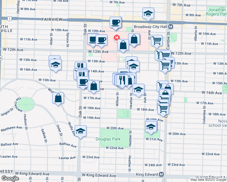 map of restaurants, bars, coffee shops, grocery stores, and more near 838 West 16th Avenue in Vancouver