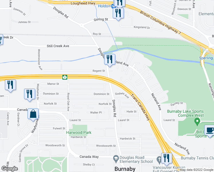 map of restaurants, bars, coffee shops, grocery stores, and more near 5490 Manor Street in Burnaby