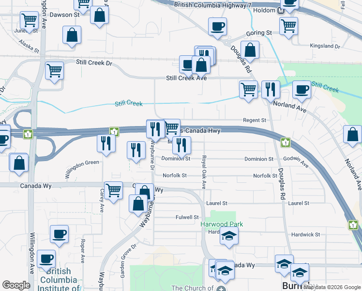 map of restaurants, bars, coffee shops, grocery stores, and more near 5056 Manor Street in Burnaby