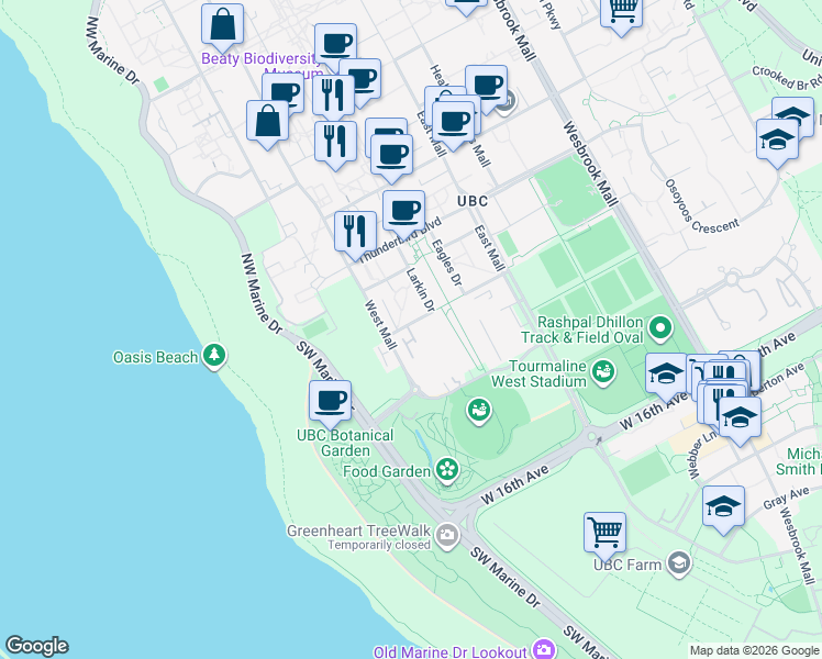map of restaurants, bars, coffee shops, grocery stores, and more near 6380 Larkin Drive in Vancouver