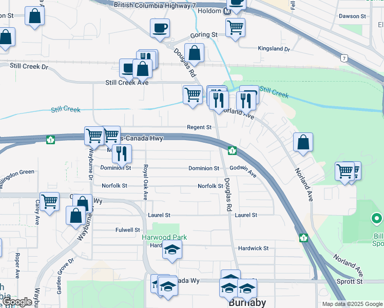 map of restaurants, bars, coffee shops, grocery stores, and more near 5444 Manor Street in Burnaby