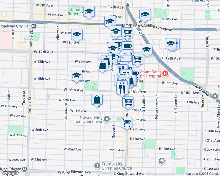 map of restaurants, bars, coffee shops, grocery stores, and more near 3177 Quebec Street in Vancouver