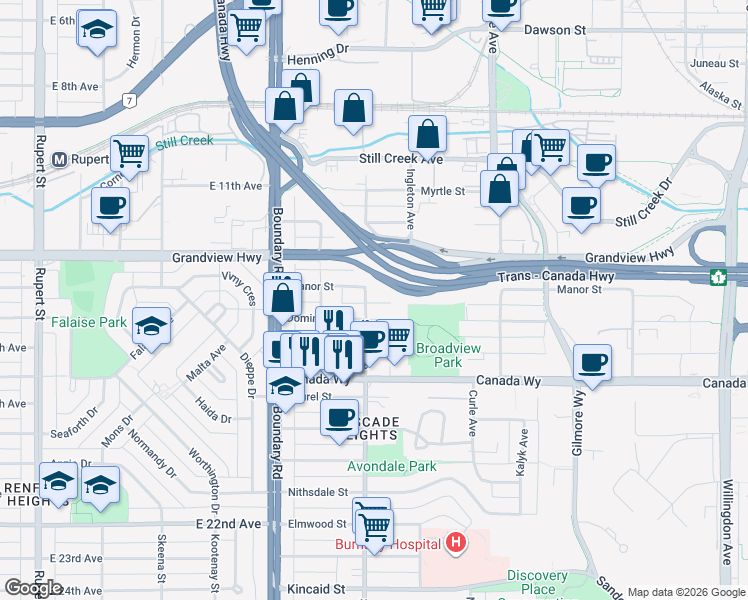 map of restaurants, bars, coffee shops, grocery stores, and more near 3058 Smith Avenue in Burnaby
