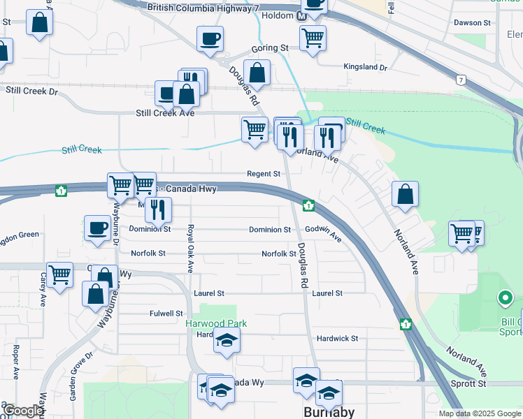 map of restaurants, bars, coffee shops, grocery stores, and more near 5462 Manor Street in Burnaby