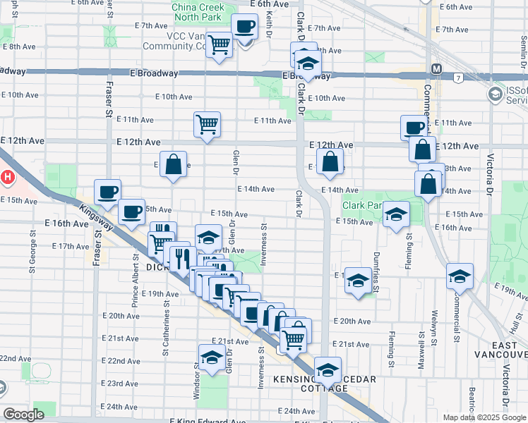 map of restaurants, bars, coffee shops, grocery stores, and more near 1175 East 15th Avenue in Vancouver