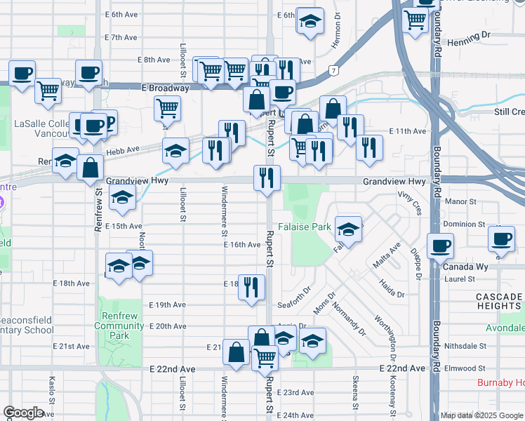 map of restaurants, bars, coffee shops, grocery stores, and more near 3041 Rupert Street in Vancouver