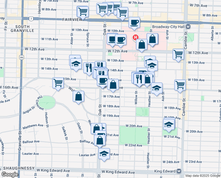 map of restaurants, bars, coffee shops, grocery stores, and more near 966 West 16th Avenue in Vancouver