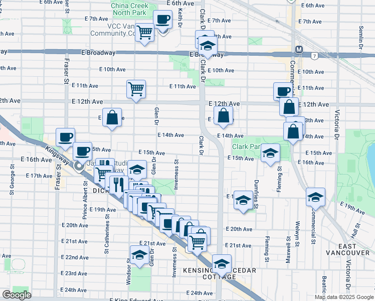 map of restaurants, bars, coffee shops, grocery stores, and more near 1255 East 15th Avenue in Vancouver