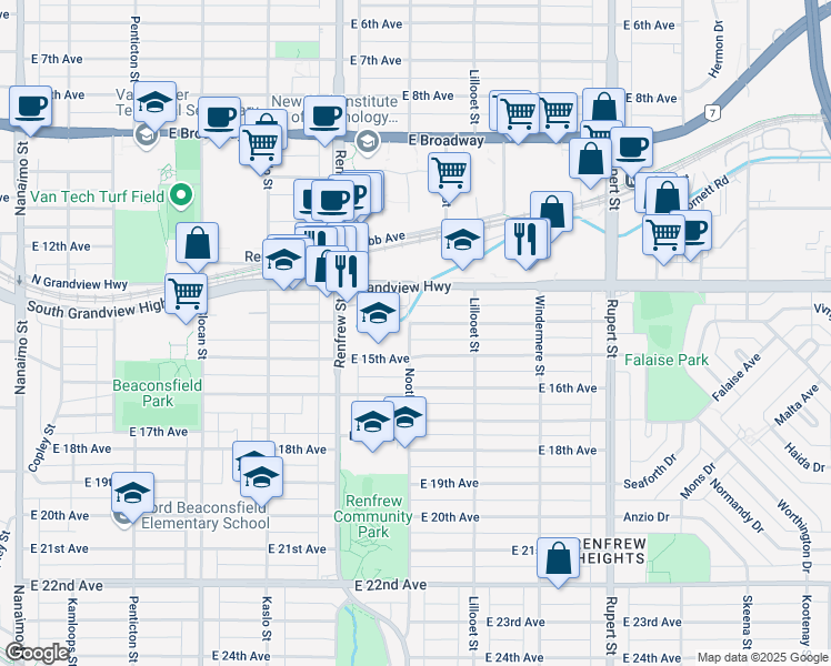 map of restaurants, bars, coffee shops, grocery stores, and more near 3020 Nootka Street in Vancouver