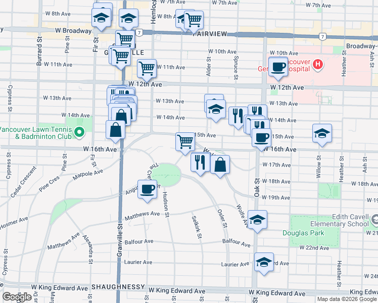 map of restaurants, bars, coffee shops, grocery stores, and more near 1248 Tecumseh Avenue in Vancouver