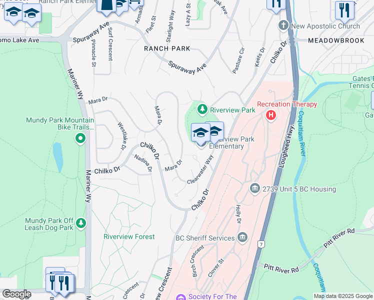 map of restaurants, bars, coffee shops, grocery stores, and more near 2879 Mara Drive in Coquitlam