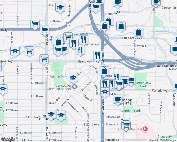 map of restaurants, bars, coffee shops, grocery stores, and more near 55 Dieppe Place in Vancouver