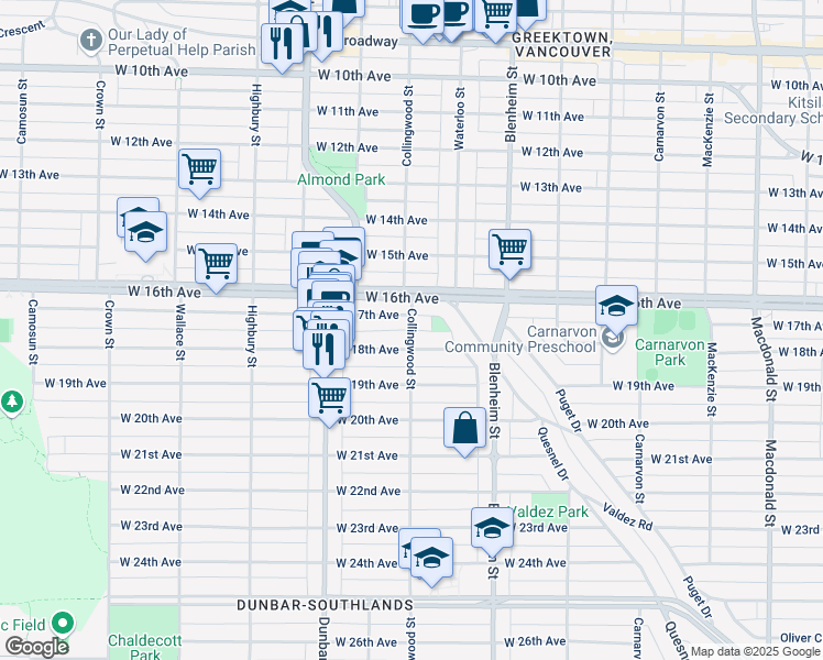 map of restaurants, bars, coffee shops, grocery stores, and more near 3348 Collingwood Street in Vancouver