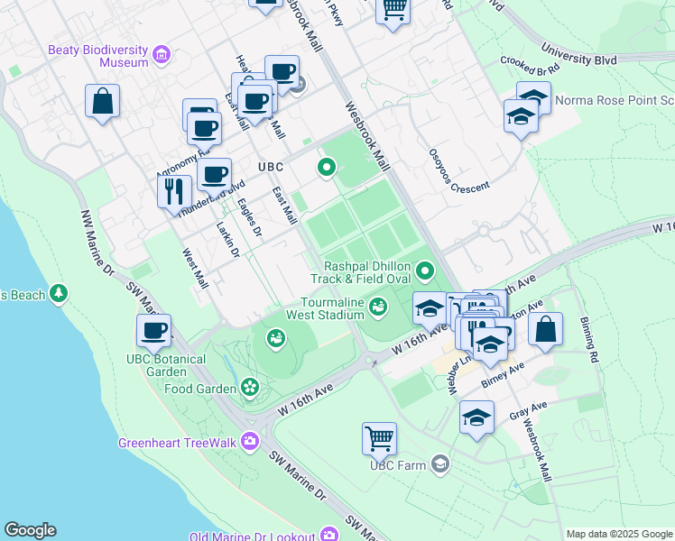 map of restaurants, bars, coffee shops, grocery stores, and more near 3050 East Mall in Vancouver