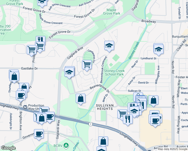 map of restaurants, bars, coffee shops, grocery stores, and more near 3021 Aries Place in Burnaby
