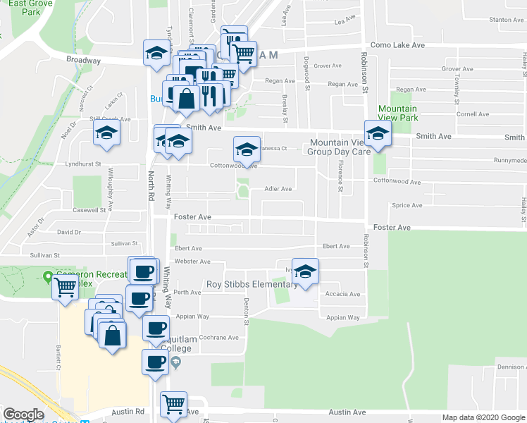 map of restaurants, bars, coffee shops, grocery stores, and more near 575 Foster Avenue in Coquitlam