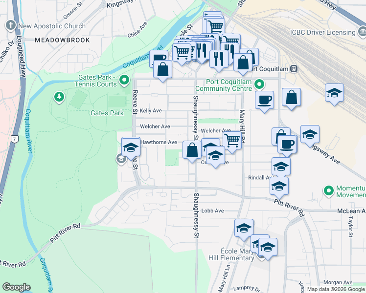 map of restaurants, bars, coffee shops, grocery stores, and more near 2340 Hawthorne Avenue in Port Coquitlam