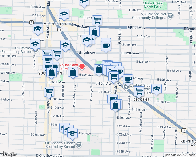 map of restaurants, bars, coffee shops, grocery stores, and more near 534 East 15th Avenue in Vancouver