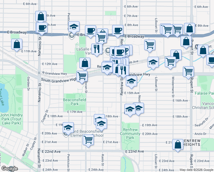 map of restaurants, bars, coffee shops, grocery stores, and more near 2828 East 14th Avenue in Vancouver