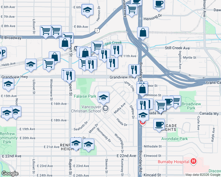 map of restaurants, bars, coffee shops, grocery stores, and more near 3105 Dieppe Drive in Vancouver