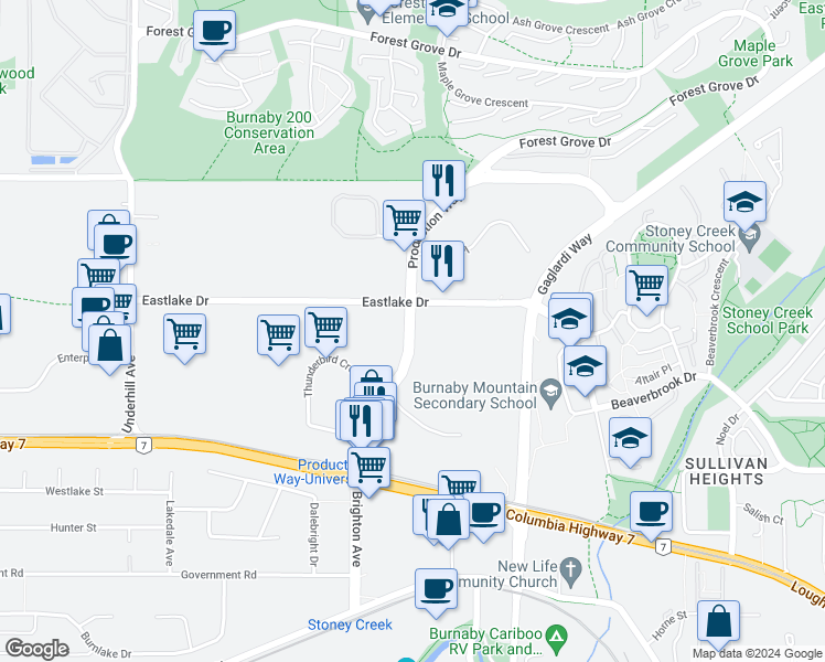 map of restaurants, bars, coffee shops, grocery stores, and more near Production Way in Burnaby
