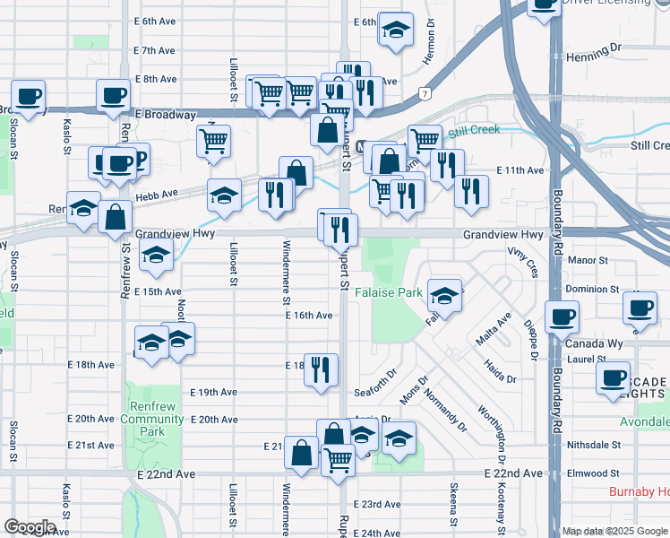 map of restaurants, bars, coffee shops, grocery stores, and more near 3023 Rupert Street in Vancouver