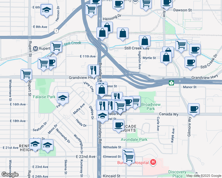 map of restaurants, bars, coffee shops, grocery stores, and more near 3033 Esmond Avenue in Burnaby